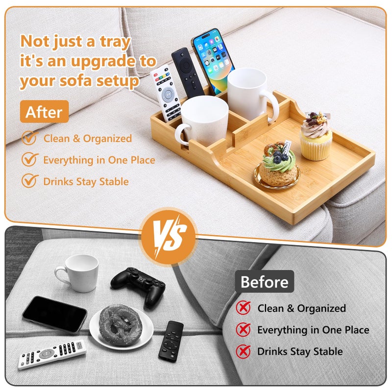 Acanacle Couch Tray Insert for Middle Seat, Bamboo Couch Table with 2 Cup Holders, Fits Armless Sofa & Sectionals, Fold-Flat Tray for Drinks, Snacks & Remotes, Natural Bamboo - Image 5