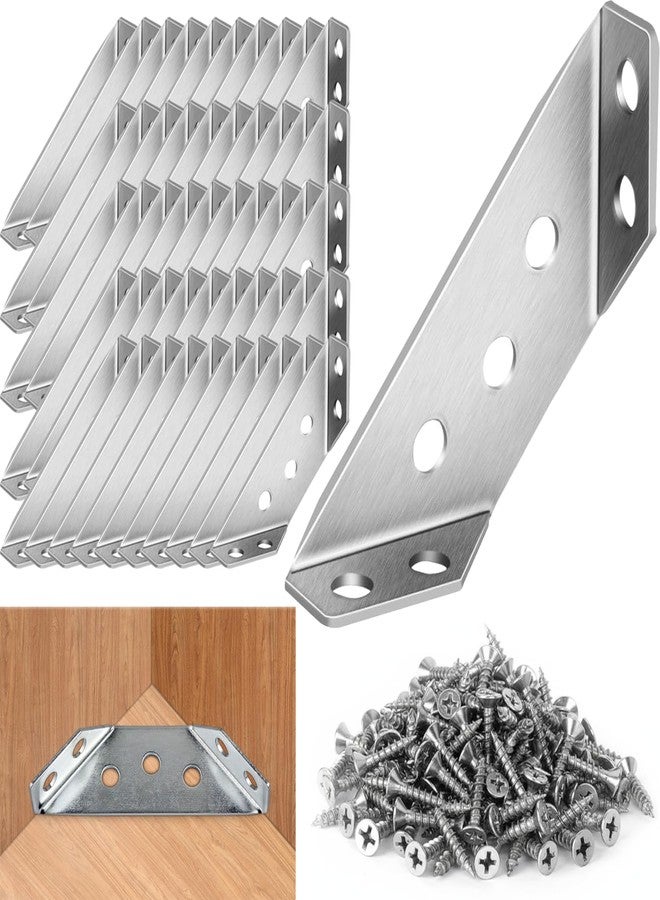 Suny Smiling 50Pcs Stainless Steel Corner Brackets with Screws, Metal Angle Brackets, Corner Braces for Wood Furniture, Cabinets, Shelves & More - Corner Connectors for Reinforcing & Repairing - Image 1