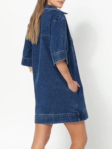 Fisoew Womens Denim Shirt Dress Summer Collared V Neck Mini Casual Jean Dresses with Pockets Blue - Image 3