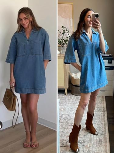 Fisoew Womens Denim Shirt Dress Summer Collared V Neck Mini Casual Jean Dresses with Pockets Blue - Image 5