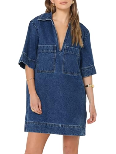 Fisoew Womens Denim Shirt Dress Summer Collared V Neck Mini Casual Jean Dresses with Pockets Blue - Image 1
