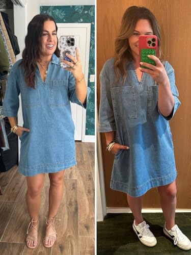 Fisoew Womens Denim Shirt Dress Summer Collared V Neck Mini Casual Jean Dresses with Pockets Blue - Image 4