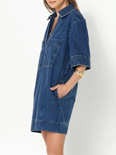 Fisoew Womens Denim Shirt Dress Summer Collared V Neck Mini Casual Jean Dresses with Pockets Blue - Image 2