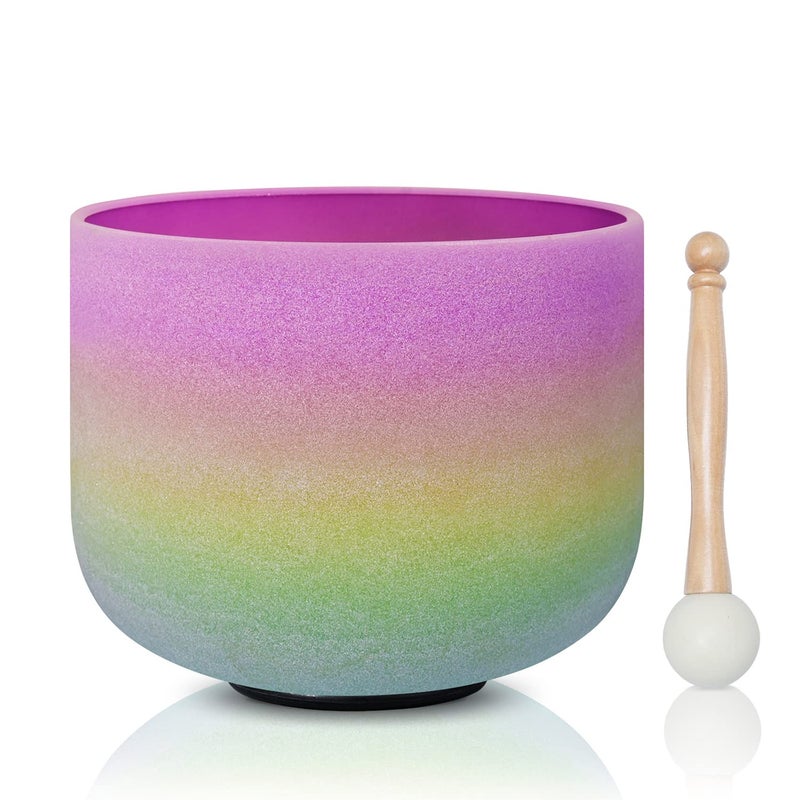 CVNC 440HZ 8 Inch Rainbow Colored B Note Crown Chakra Frosted Quartz Crystal Singing Bowl for Sound Healing and Meditation
