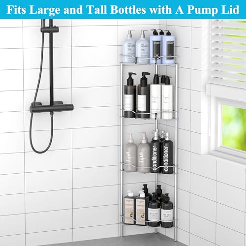 HuggieGems 4 Tier Floor Standing Corner Shower Caddy Organizer Shelf with Hooks, Bathroom Shelves Stand Rack, Silver - Image 4