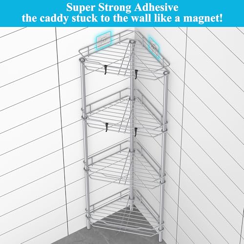 HuggieGems 4 Tier Floor Standing Corner Shower Caddy Organizer Shelf with Hooks, Bathroom Shelves Stand Rack, Silver - Image 2