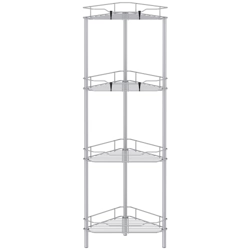 HuggieGems 4 Tier Floor Standing Corner Shower Caddy Organizer Shelf with Hooks, Bathroom Shelves Stand Rack, Silver - Image 1