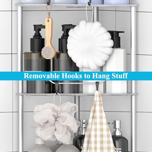 HuggieGems 4 Tier Floor Standing Corner Shower Caddy Organizer Shelf with Hooks, Bathroom Shelves Stand Rack, Silver - Image 5