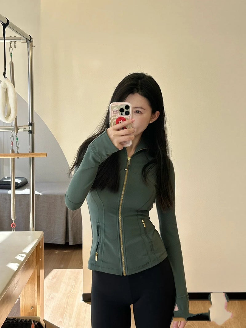Generic Lulu with the coat fitness exercise quick-drying slim slim sanding long sleeve yoga womens coat a generation of hair Turquoise green 