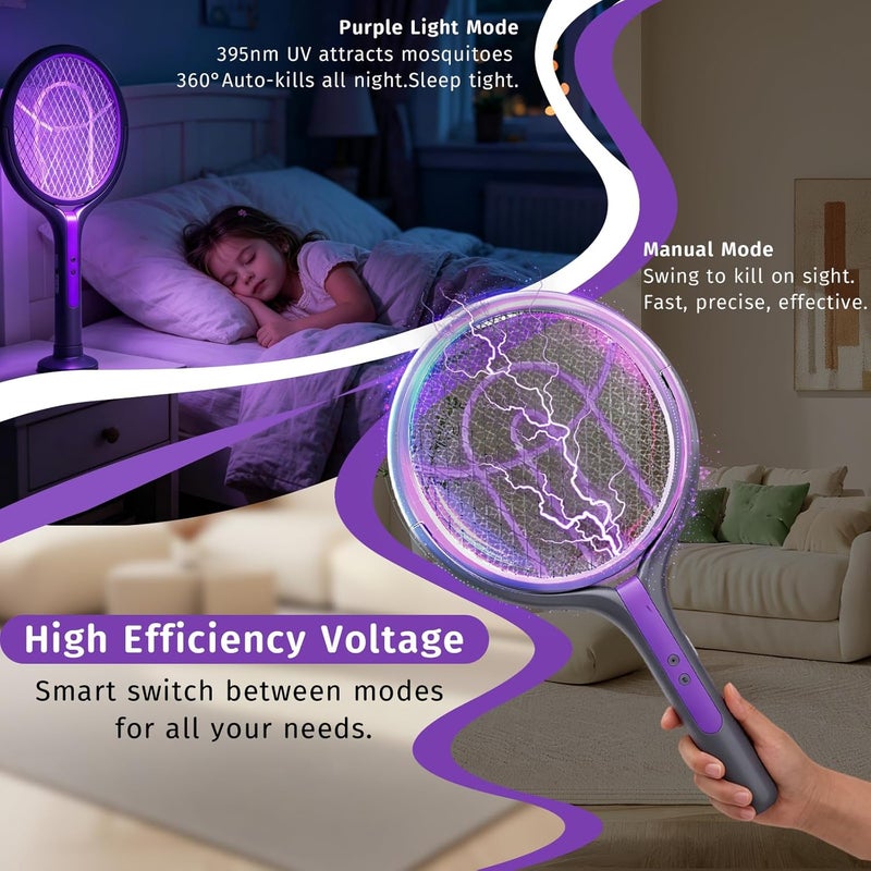 Besswin Electric Fly Swatter, Rotating Head Bug Zapper, Dual Modes Mosquito Killer with Purple Mosquito Light Rechargeable for Indoor Home Patio Camp Office, Telescopic Extension - Image 4