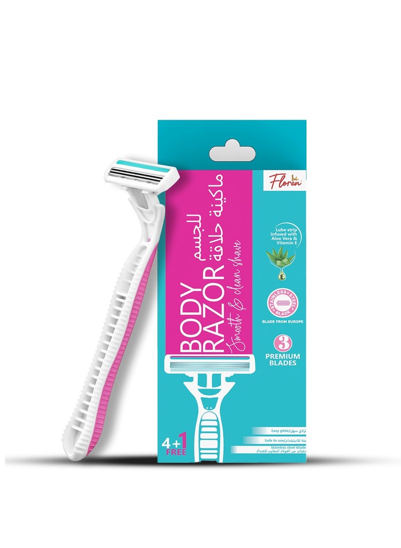 Floren Super Smooth Women's Body Razor | 5 blade European Razor, 3 cartridges + 1 handle | Hair Removal for Women | For Hands, Legs, Bikini and Underarms - Image 1