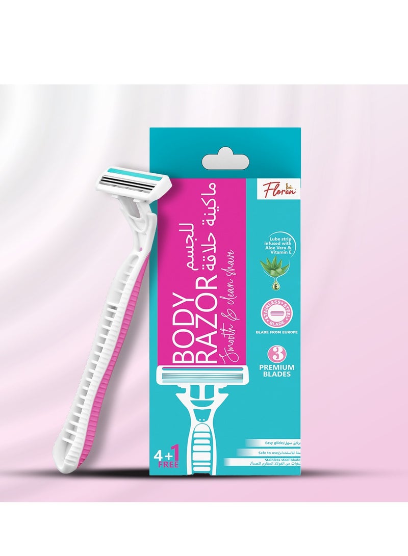 Floren Super Smooth Women's Body Razor | 5 blade European Razor, 3 cartridges + 1 handle | Hair Removal for Women | For Hands, Legs, Bikini and Underarms - Image 2