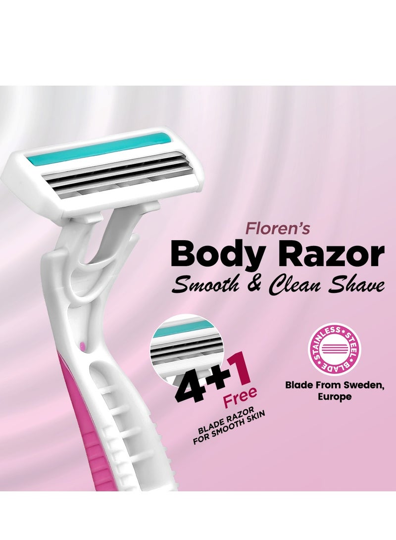 Floren Super Smooth Women's Body Razor | 5 blade European Razor, 3 cartridges + 1 handle | Hair Removal for Women | For Hands, Legs, Bikini and Underarms - Image 3