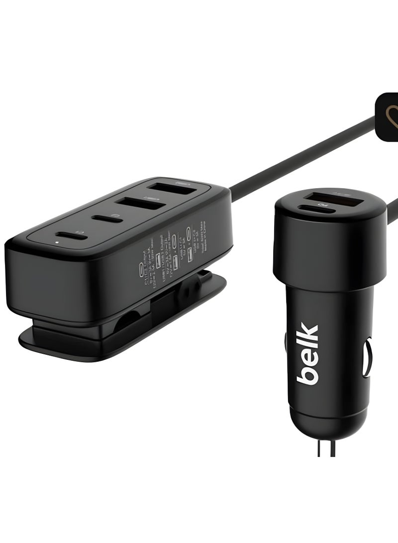 بيلك شاحن السيارة ثنائي المنفذ + هب  4 منافذ فائق السرعة 90 واط متعدد المخارج منفذ USB 2 و 2 منفذ نوع C - Image 2
