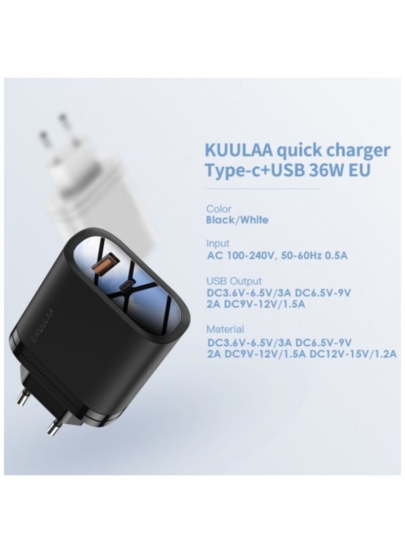 كولا KUULAA 36W TYPE-C / USB-C + USB QC3.0 محمول سريع الشحن شاحن السفر محول الطاقة ، قابس المملكة المتحدة (أسود) - Image 3