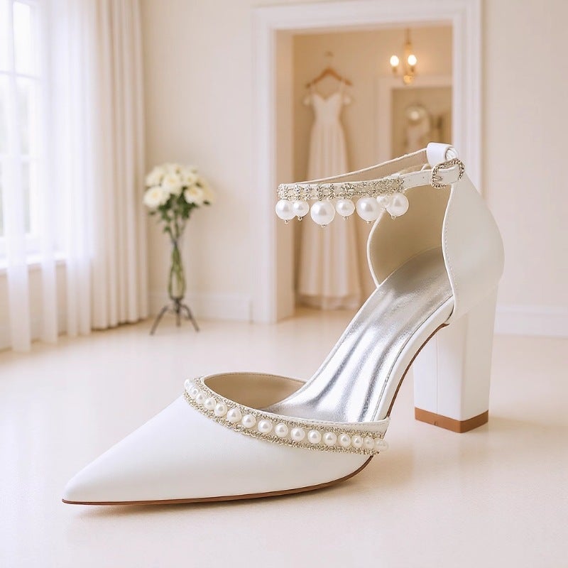 2025 Thick Heel Pointed Toe Pearl Diamond Chain Wristband Wedding Shoes Bridal Shoes Bridesmaid Shoes Banquet Shoes 2014-15A - Image 2