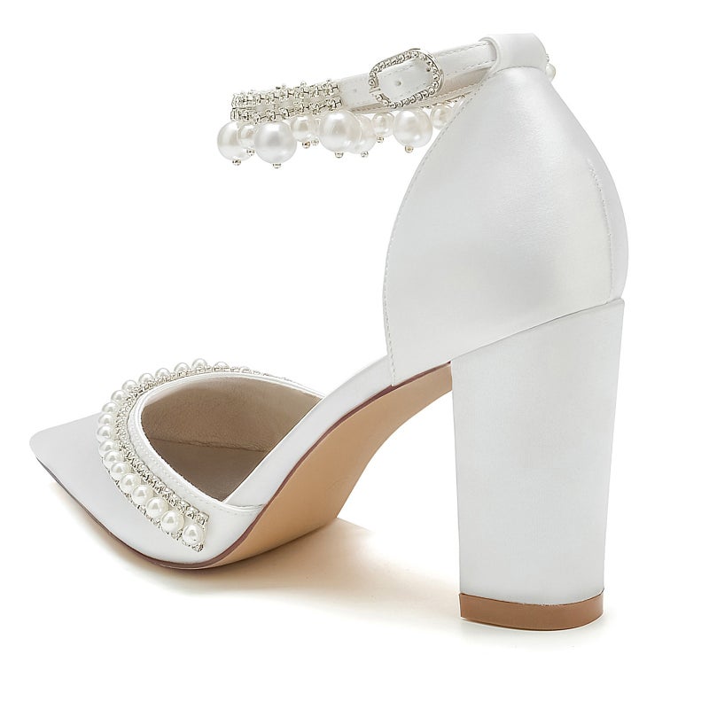 2025 Thick Heel Pointed Toe Pearl Diamond Chain Wristband Wedding Shoes Bridal Shoes Bridesmaid Shoes Banquet Shoes 2014-15A - Image 3