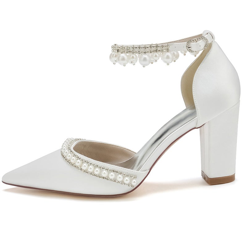 2025 Thick Heel Pointed Toe Pearl Diamond Chain Wristband Wedding Shoes Bridal Shoes Bridesmaid Shoes Banquet Shoes 2014-15A - Image 5