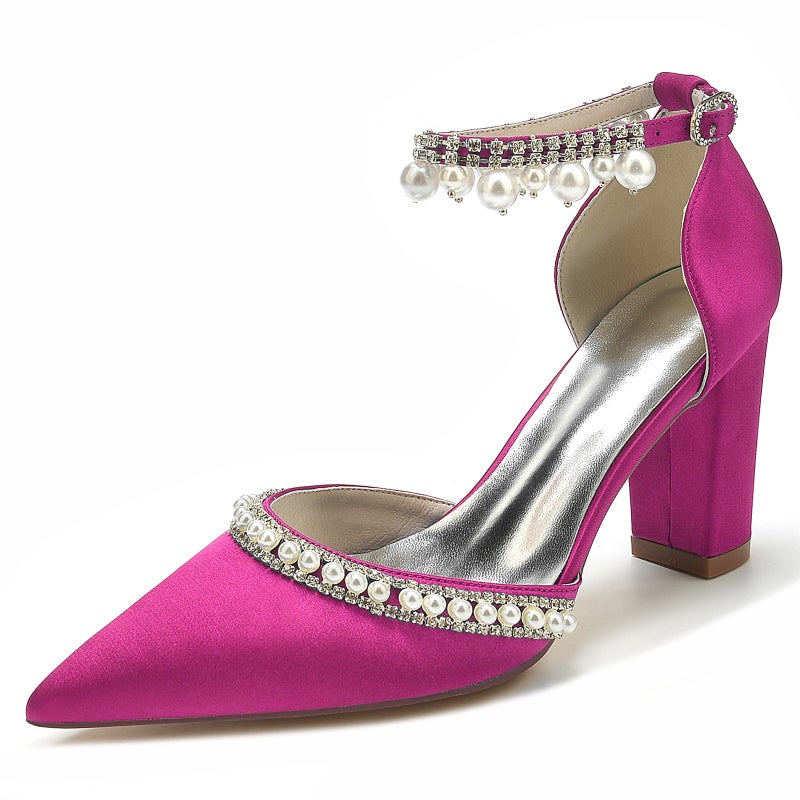 2025 Thick Heel Pointed Toe Pearl Diamond Chain Wristband Wedding Shoes Bridal Shoes Bridesmaid Shoes Banquet Shoes 2014-15A - Image 1