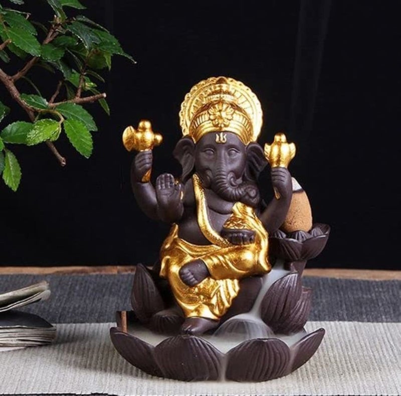 HC VILLA Resin Ganesha Backflow Smoke Fountain- with 10 Free Cone Polyresin Ganpati Bappa for Temple Showpiece | Gift & Office Desk Balcony Decorative Item Home Dcor - Black & Golden - Image 2