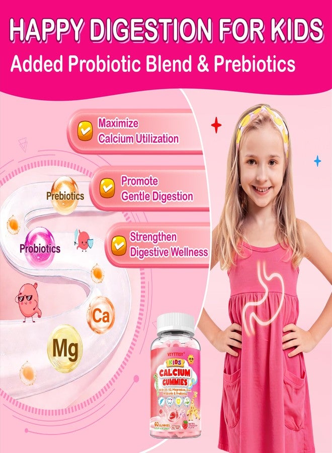 Veyttisy Kids Calcium Gummies with D3 & Magnesium for 4+: Sugar Free Calcium Citrate with Vitamin D3, K2, Zinc, Probiotics & Prebiotics for Kids - Gluten Free, Non-GMO,Vegan, Natural Strawberry Flavor - Image 4