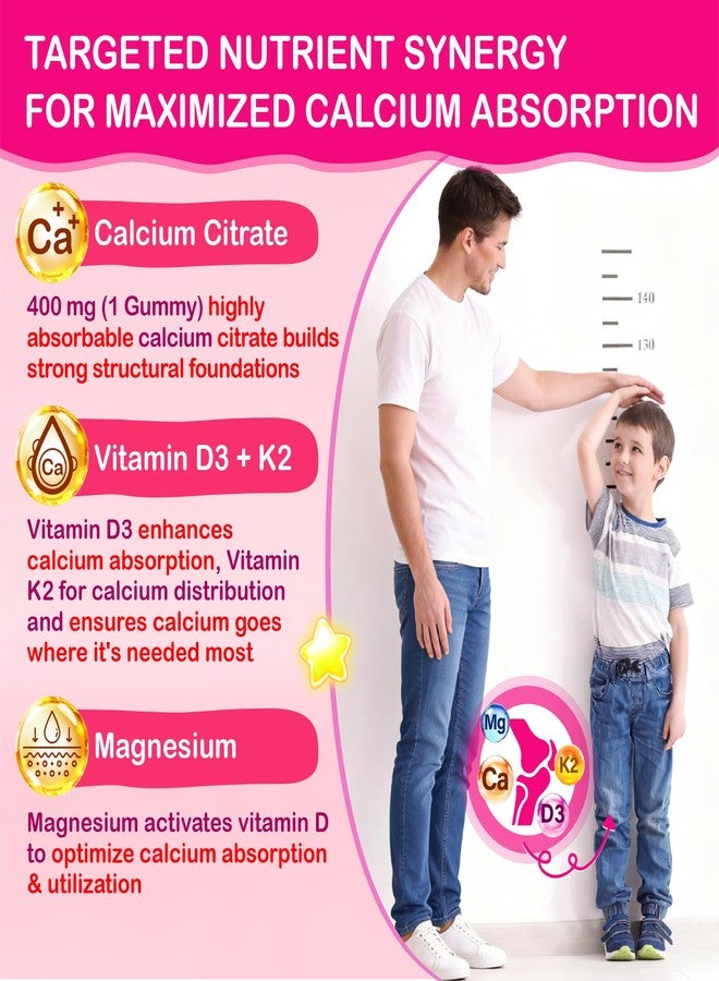 Veyttisy Kids Calcium Gummies with D3 & Magnesium for 4+: Sugar Free Calcium Citrate with Vitamin D3, K2, Zinc, Probiotics & Prebiotics for Kids - Gluten Free, Non-GMO,Vegan, Natural Strawberry Flavor - Image 3
