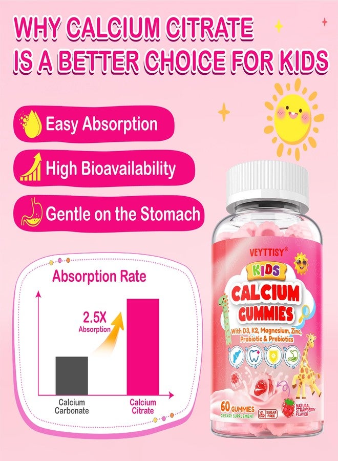 Veyttisy Kids Calcium Gummies with D3 & Magnesium for 4+: Sugar Free Calcium Citrate with Vitamin D3, K2, Zinc, Probiotics & Prebiotics for Kids - Gluten Free, Non-GMO,Vegan, Natural Strawberry Flavor - Image 2