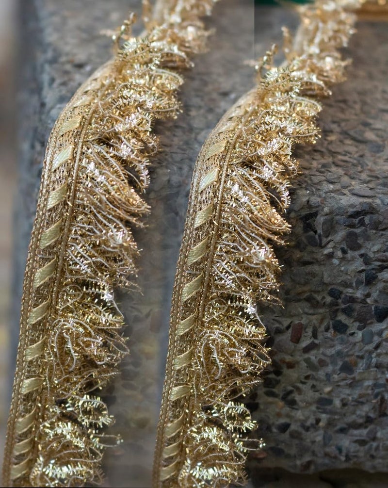 LACESNMORE Golden Fringes Kiran lace Dupatta jhalar Crush Frill Trim for dupattas, (9meter Pack) Bridal Lehenga, Fancy Border Lace, khichdi jhalar Border Lace (Golden palmet) - Image 1