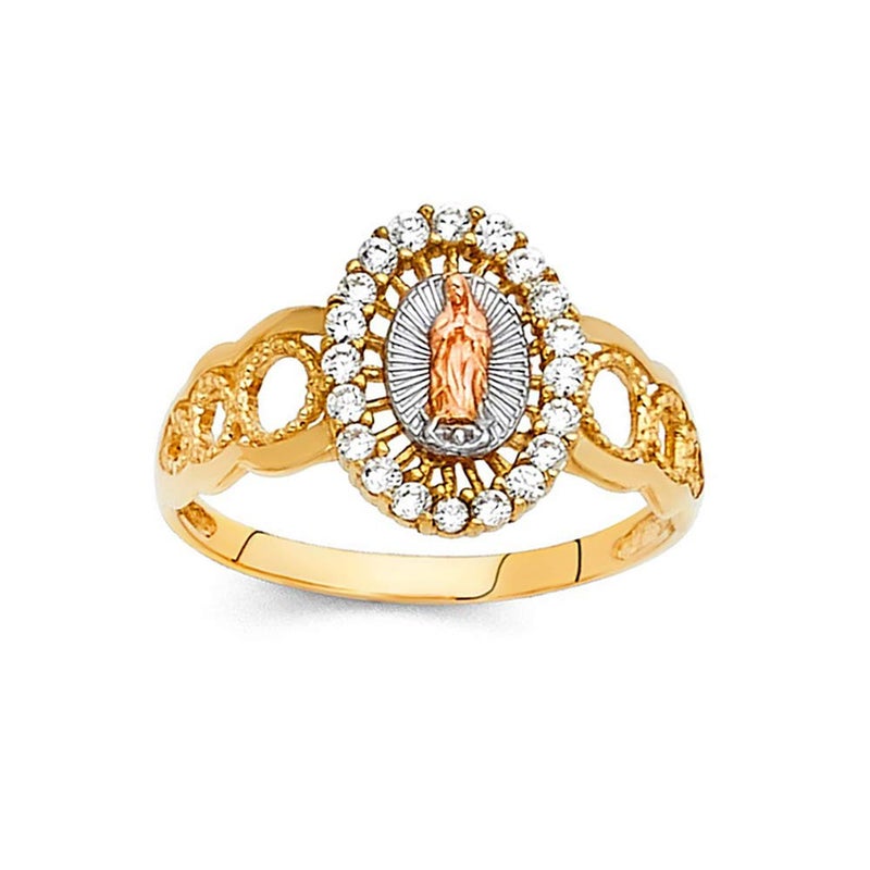 Savlano 18K Gold Plated Yellow White & Rose Tri Color Lady of Guadalupe Virgin Mary with Round Cut Cubic Zirconia Women Religious Ring (7) - Image 1