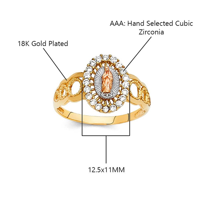Savlano 18K Gold Plated Yellow White & Rose Tri Color Lady of Guadalupe Virgin Mary with Round Cut Cubic Zirconia Women Religious Ring (7) - Image 3