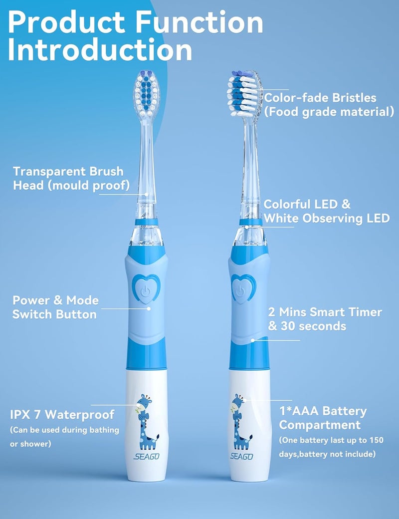 Seago فرشاة أسنان كهربائية للأطفال مع مؤقت تنظيف لمدة 2 دقيقة و 4 رؤوس فرشاة بديلة، ضوء LED قوس قزح يجعل التنظيف ممتعًا، فرشاة أسنان تعمل بالبطارية للأولاد من 4-12 سنة، SG-977 (أزرق فاتح) - Image 4