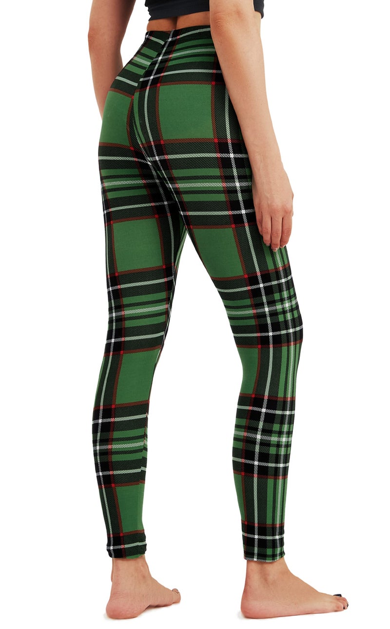 sissycos Women's St. Patrick's Day Checkered Plaid Printed Leggings Buttery Soft Stretchy Pants (Large-XX-Large, Green Check) - Image 2
