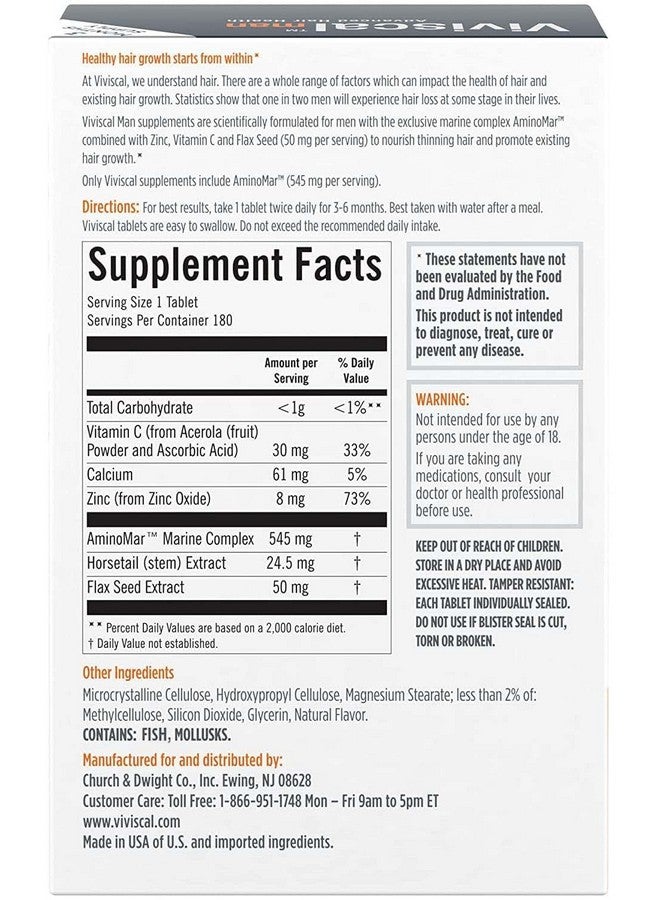 Viviscal Viviscal Men's Hair Growth Supplements for Thicker, Fuller Hair Clinically Proven with Proprietary Collagen Complex 180 Tablets - 3 Month Supply  - Image 2