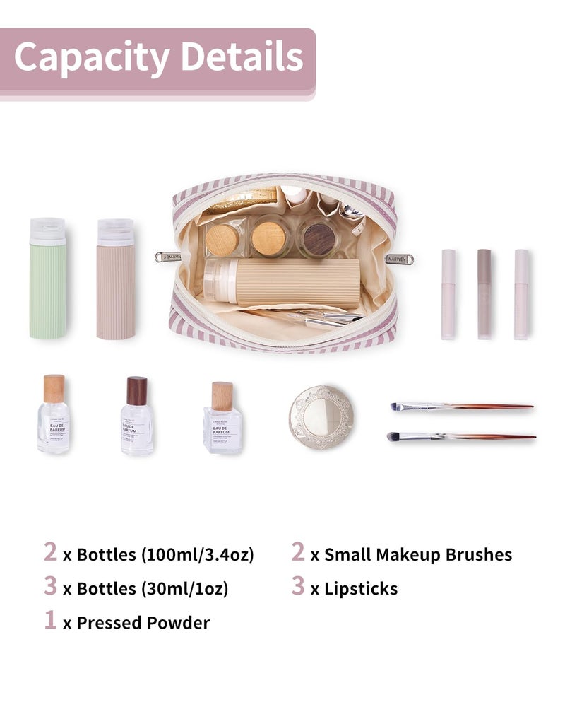 Narwey Small Striped Makeup Bag for Purse Mini Cosmetic Bag Travel Makeup Pouch Zipper Pouch Cute Make up Bags with Compartments for Women Girls (Dusty Rose Stripe, Small) - Image 2