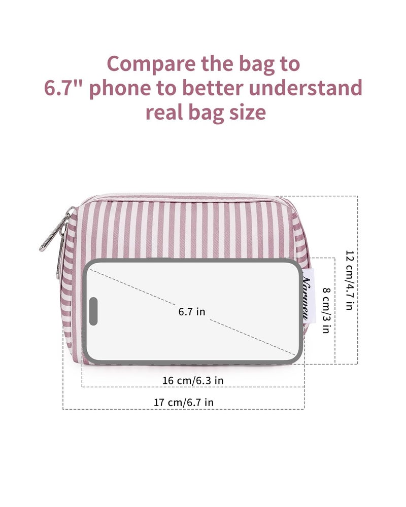Narwey Small Striped Makeup Bag for Purse Mini Cosmetic Bag Travel Makeup Pouch Zipper Pouch Cute Make up Bags with Compartments for Women Girls (Dusty Rose Stripe, Small) - Image 4