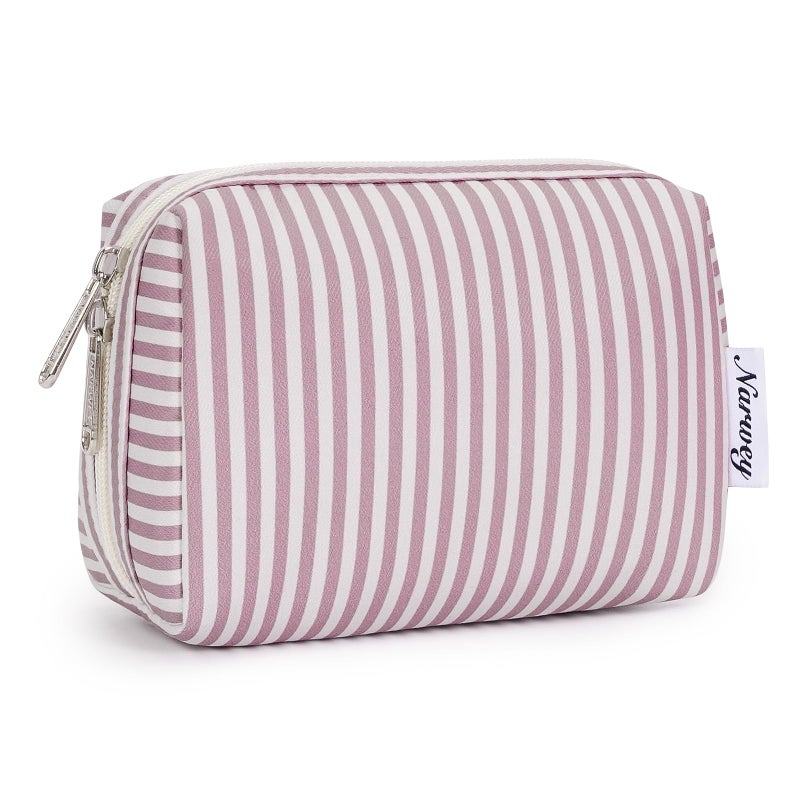 Narwey Small Striped Makeup Bag for Purse Mini Cosmetic Bag Travel Makeup Pouch Zipper Pouch Cute Make up Bags with Compartments for Women Girls (Dusty Rose Stripe, Small) - Image 1