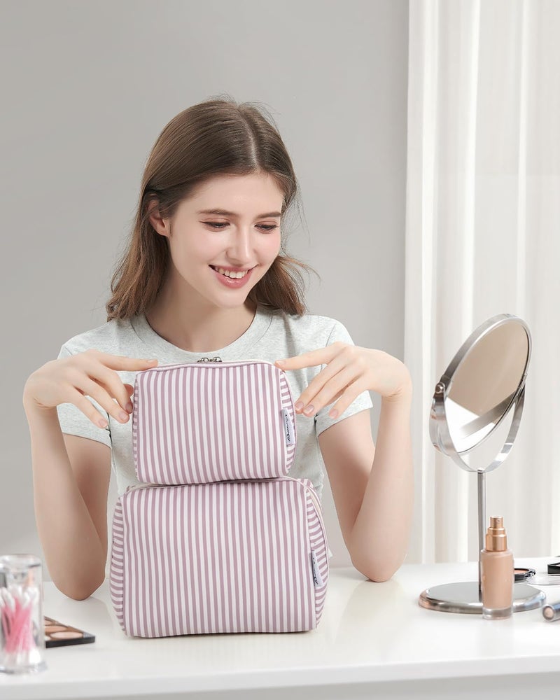 Narwey Small Striped Makeup Bag for Purse Mini Cosmetic Bag Travel Makeup Pouch Zipper Pouch Cute Make up Bags with Compartments for Women Girls (Dusty Rose Stripe, Small) - Image 5