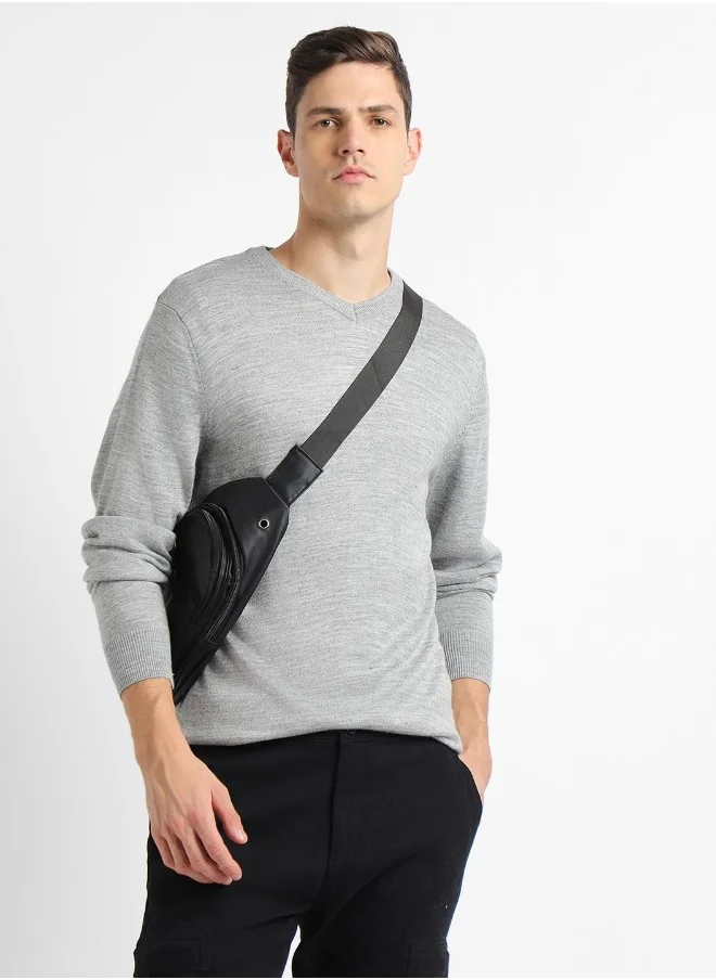 دينيس لينغو Light Grey Mel Regular Fit Sweater for Men - 100% Acrylic, Solid, V-Neck, Full Sleeves, Casual