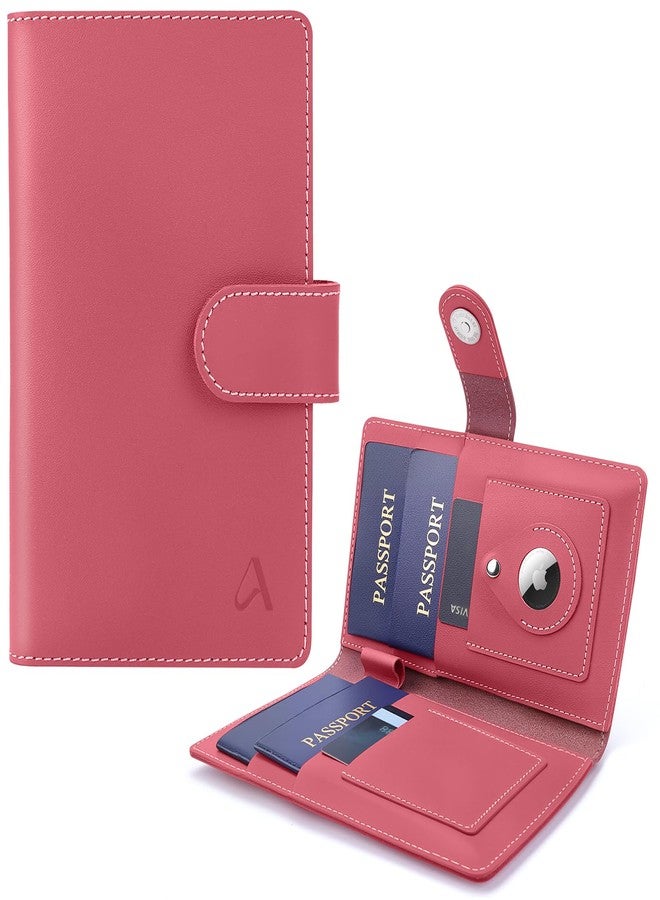 ALLIVE Passport Holder for Travel Family, Genuine Leather Passport Wallet with AirTag Slot, RFID Blocking Travel Document Organizer for Women & Men, Airport Essentials, Family Travel Gift, Pink - Image 1