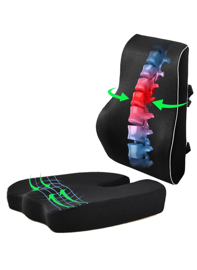 WALALLA 2 Pack Advanced Portable Ergonomic Seat Cushion and Lumbar Support Pillow Set with Extra Large Memory Foam Back Support Pillow Cushion for Car Office Computer Chair Wheelchair - Image 1