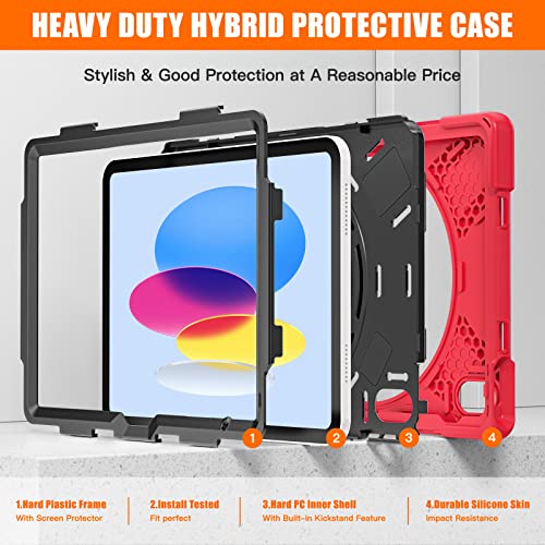 ProElite Rugged 3 Layer Armor case Cover for Apple iPad (A16) 11th/10th Generation (2025/2022). with Hand Grip and Rotating Kickstand, Red - Image 2
