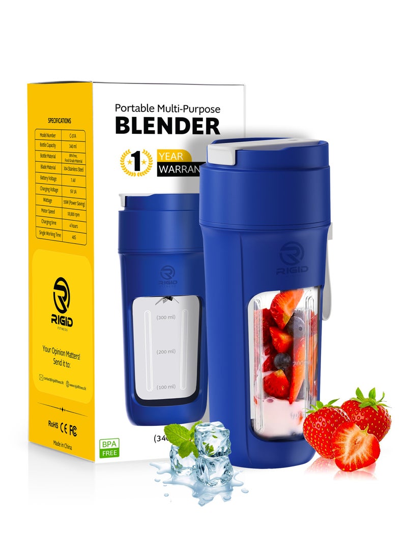 RIGID FITNESS Portable Smoothies Blender Bottle (11.5oz/340ml)- Blender for Fruits, Smoothies & Shakes, Cordless USB-C, Stainless Steel Blade, Ideal for Gym & Outdoor - BPA Free Healthy Mixer - Image 1