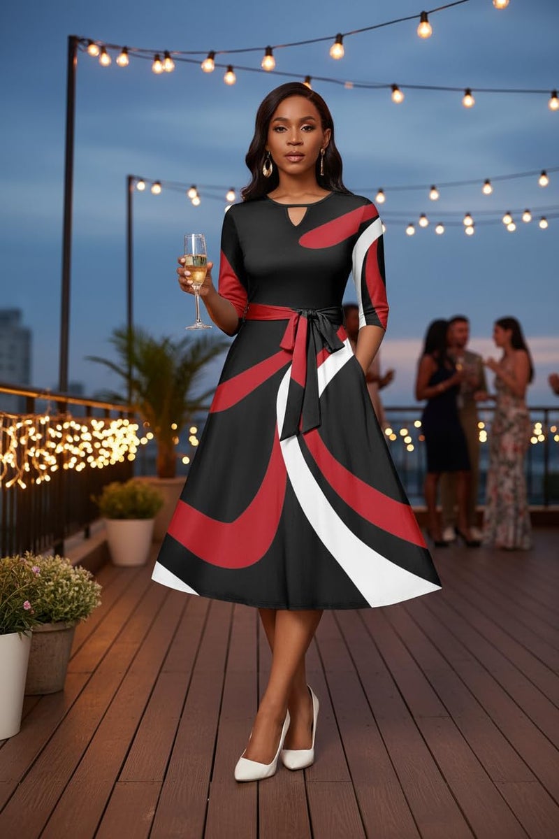 CLOCOR Women's Midi Dress 3/4 Sleeves A-Line Fit and Flare Casual Dress Cocktail Wedding Guest Party Dress with Pockets Black Red XL - Image 2