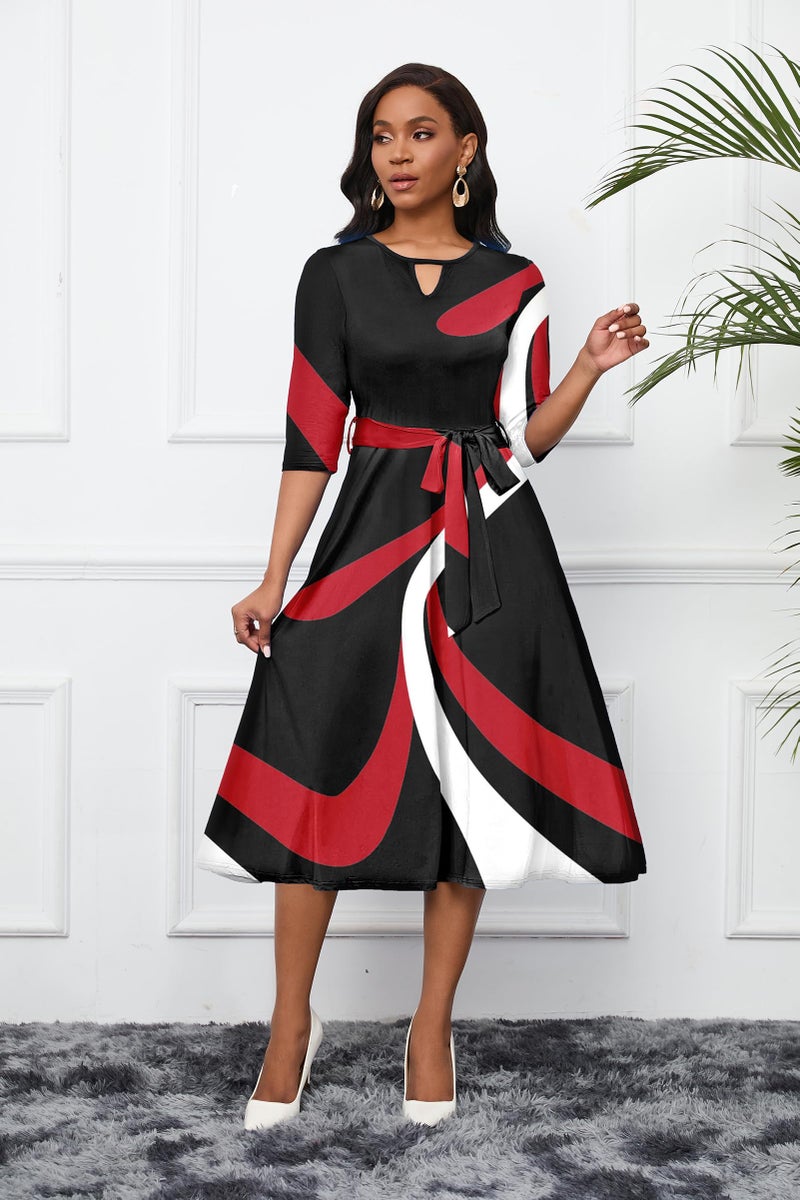CLOCOR Women's Midi Dress 3/4 Sleeves A-Line Fit and Flare Casual Dress Cocktail Wedding Guest Party Dress with Pockets Black Red XL - Image 5