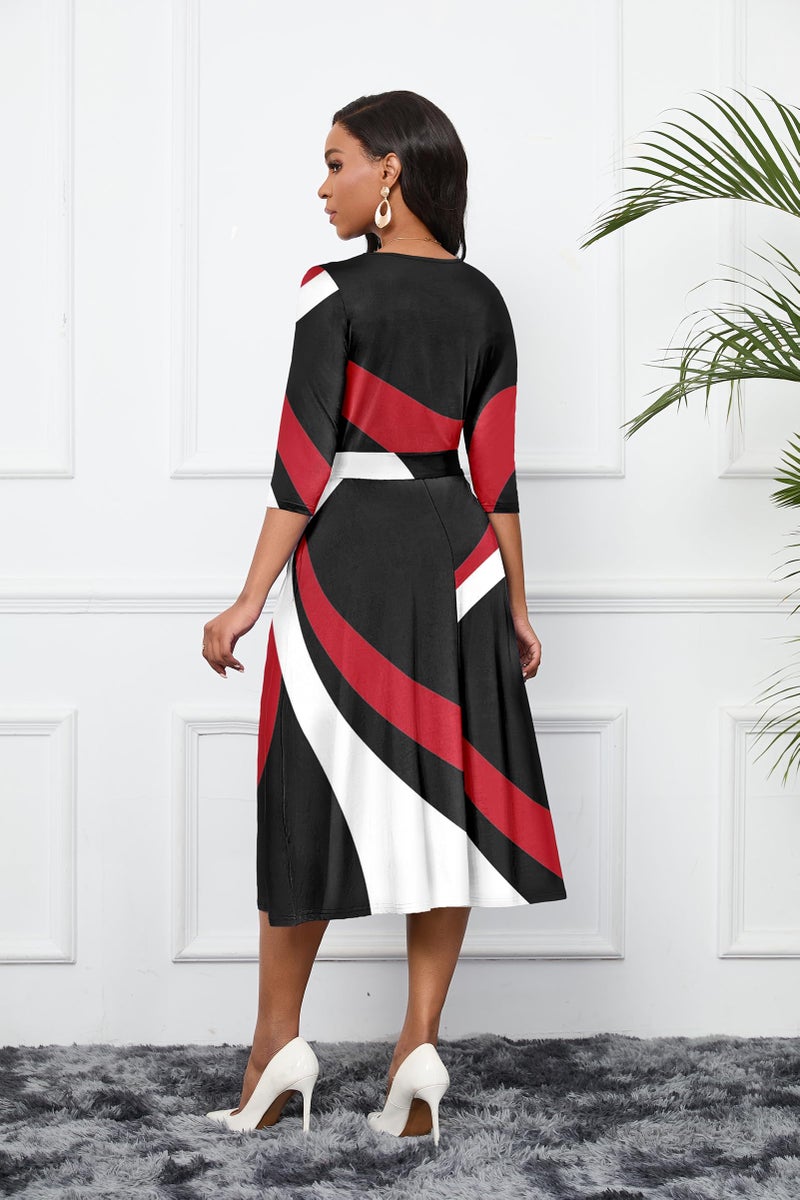 CLOCOR Women's Midi Dress 3/4 Sleeves A-Line Fit and Flare Casual Dress Cocktail Wedding Guest Party Dress with Pockets Black Red XL - Image 4