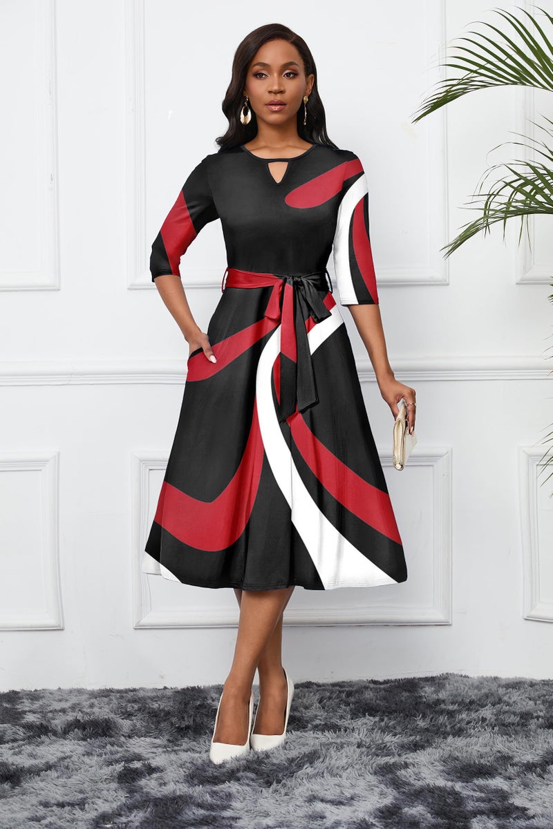 CLOCOR Women's Midi Dress 3/4 Sleeves A-Line Fit and Flare Casual Dress Cocktail Wedding Guest Party Dress with Pockets Black Red XL - Image 3