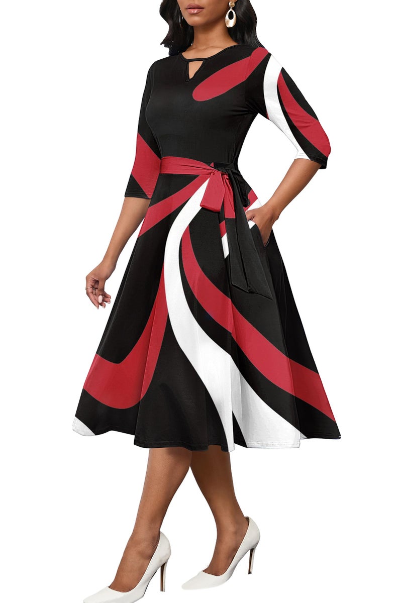 CLOCOR Women's Midi Dress 3/4 Sleeves A-Line Fit and Flare Casual Dress Cocktail Wedding Guest Party Dress with Pockets Black Red XL - Image 1