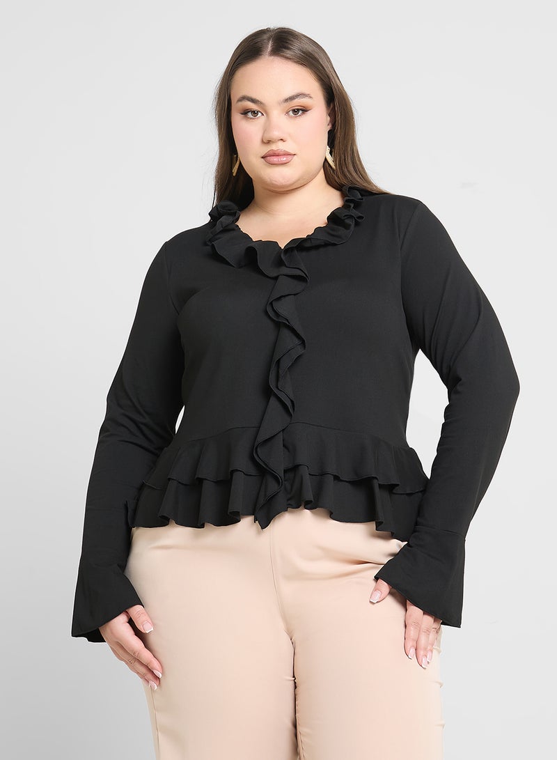 Ginger Plus Long Sleeve Fitted T-Shirt With Frill Detail - Image 1