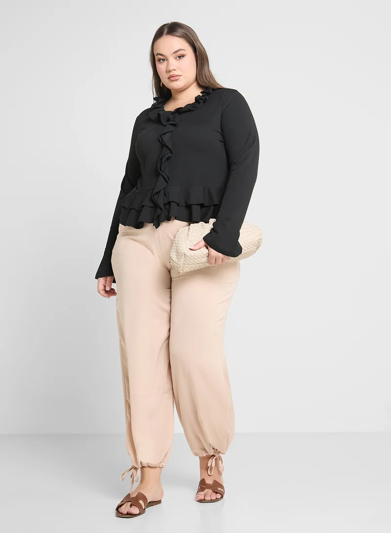Ginger Plus Long Sleeve Fitted T-Shirt With Frill Detail