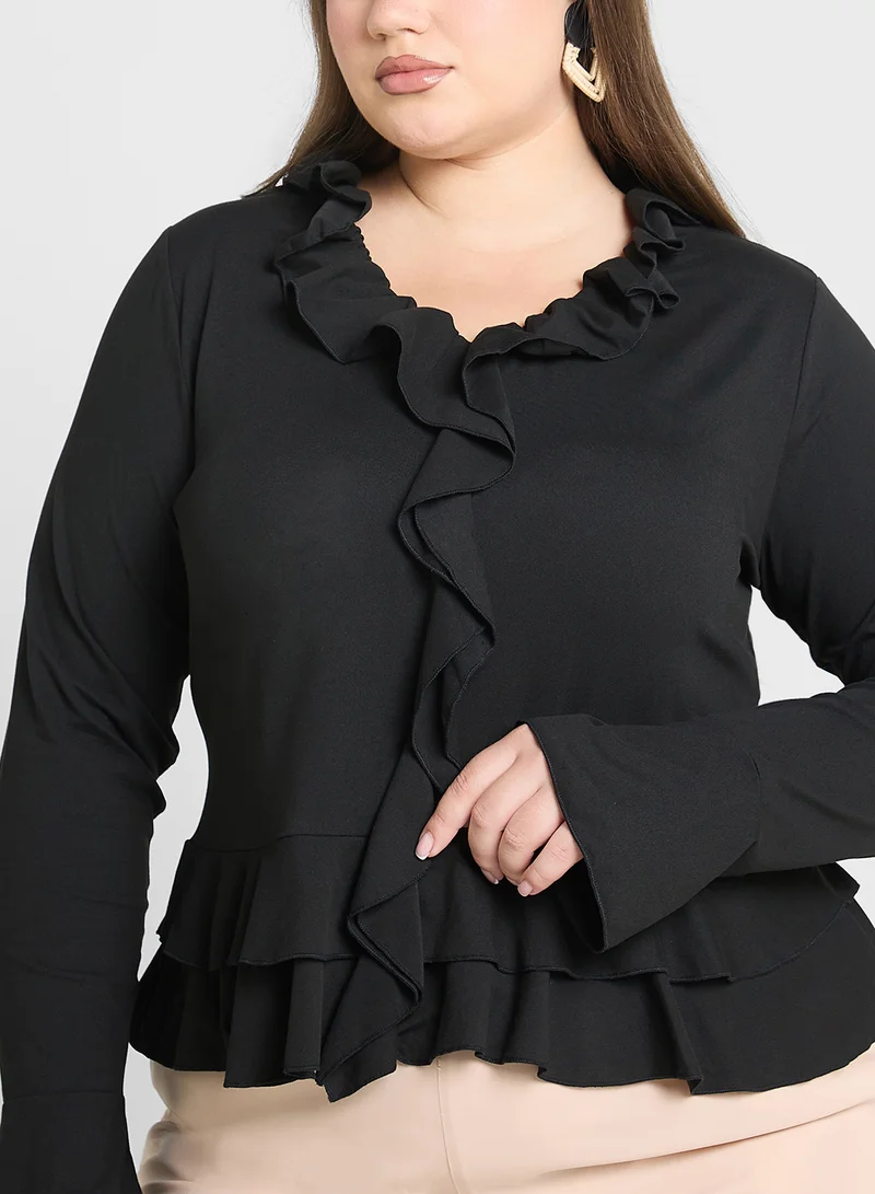 Ginger Plus Long Sleeve Fitted T-Shirt With Frill Detail
